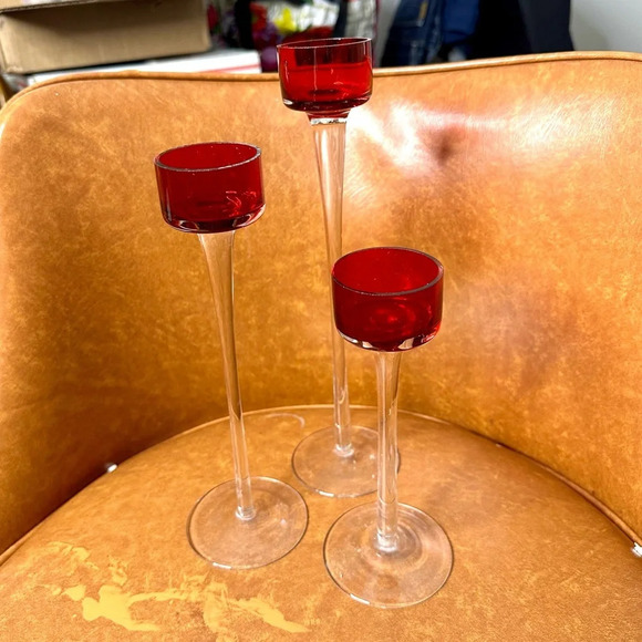 Red Stemmed Glass Tea Light holder Gift Set  7"‎ 9" 10.5” - Picture 5 of 8